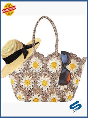 Large Straw Tote Bag with Floral Pattern, Zipper Closure, Multiple Pockets